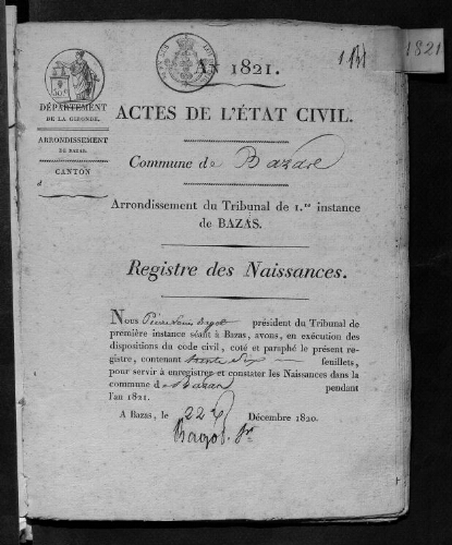Registre d'état civil - Naissances - 1821 à 1830
