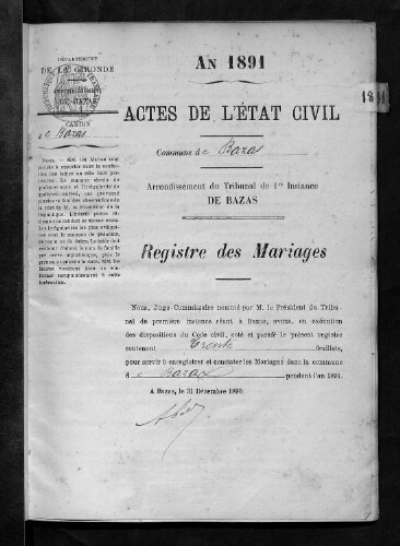Registre d'état civil - Mariages - 1891 à 1900