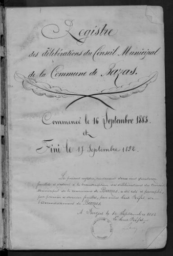 Registre de délibérations du conseil municipal  de 1883-1892