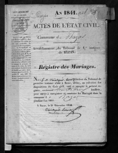 Registre d'état civil - Mariages - 1841 à 1850