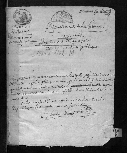 Registre d'état civil - Mariages - 1800 à 1802