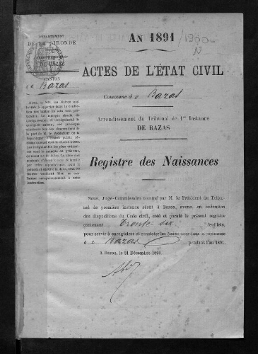 Registre d'état civil - Naissances - 1891 à 1900