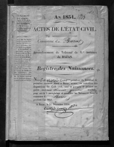 Registre d'état civil - Naissances - 1851 à 1855