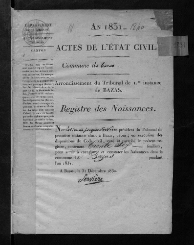 Registre d'état civil - Naissances - 1831 à 1840