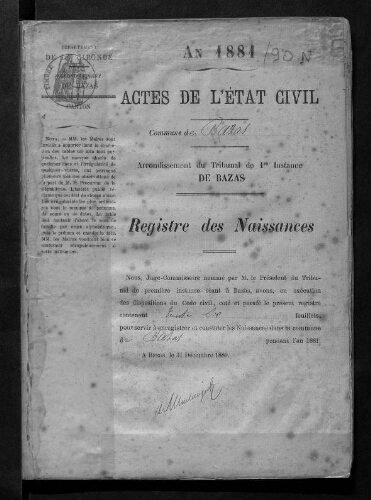 Registre d'état civil - Naissances - 1881 à 1890