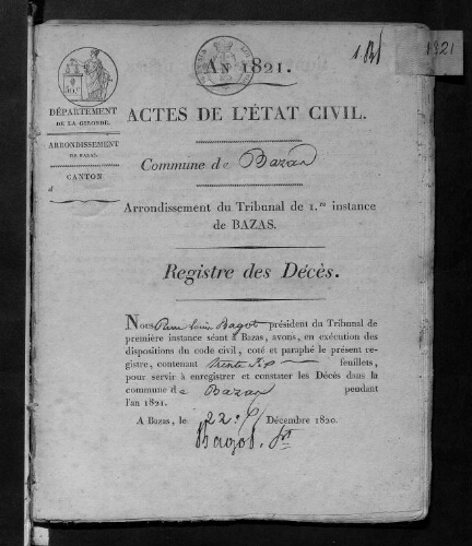 Registre d'état civil - Décès - 1821 à 1830