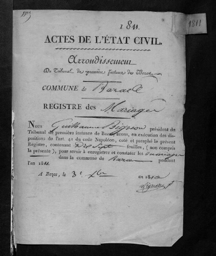 Registre d'état civil - Mariages - 1811 à 1820