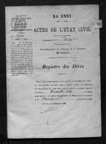 Registre d'état civil - Décès - 1891 à 1900