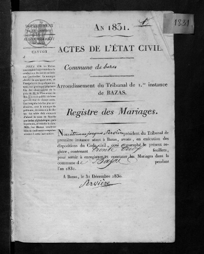 Registre d'état civil - Mariages - 1831 à 1840