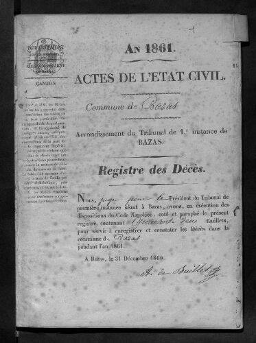 Registre d'état civil - Décès - 1861 à 1870