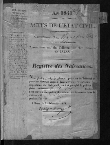 Registre d'état civil - Naissances - 1841 à 1845