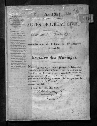 Registre d'état civil - Mariages - 1851 à 1855