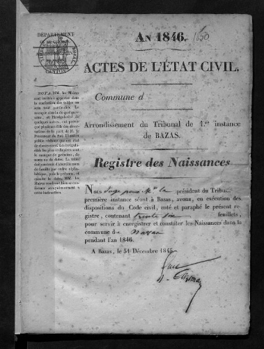 Registre d'état civil - Naissances - 1846 à 1850