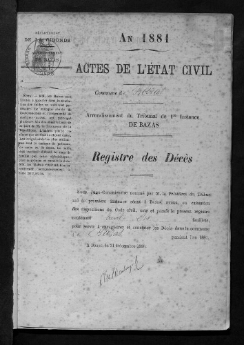 Registre d'état civil - Décès - 1881 à 1890