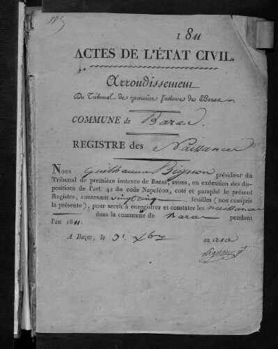 Registre d'état civil - Naissances - 1811 à 1820