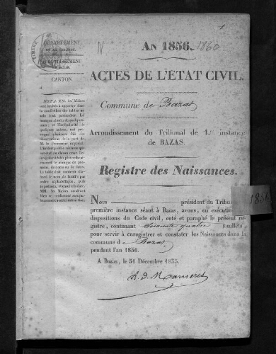 Registre d'état civil - Naissances - 1856 à 1860