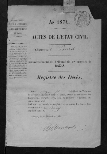 Registre d'état civil - Décès - 1871 à 1880