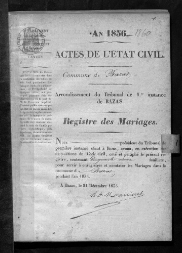 Registre d'état civil - Mariages - 1856 à 1860