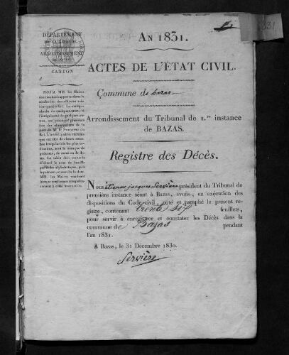 Registre d'état civil - Décès - 1831 à 1840